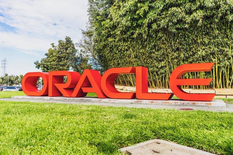 Oracle logo at their headquarters in Silicon Valley; Oracle Corporation is a global computer technology company specializing in database management systems.