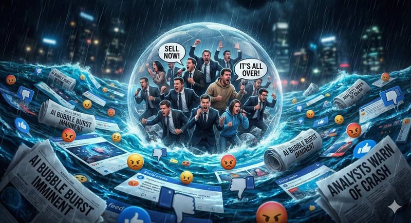 A glass bubble filled with stressed analysts floating on a chaotic ocean of smartphones and social media comments debating the AI bubble.